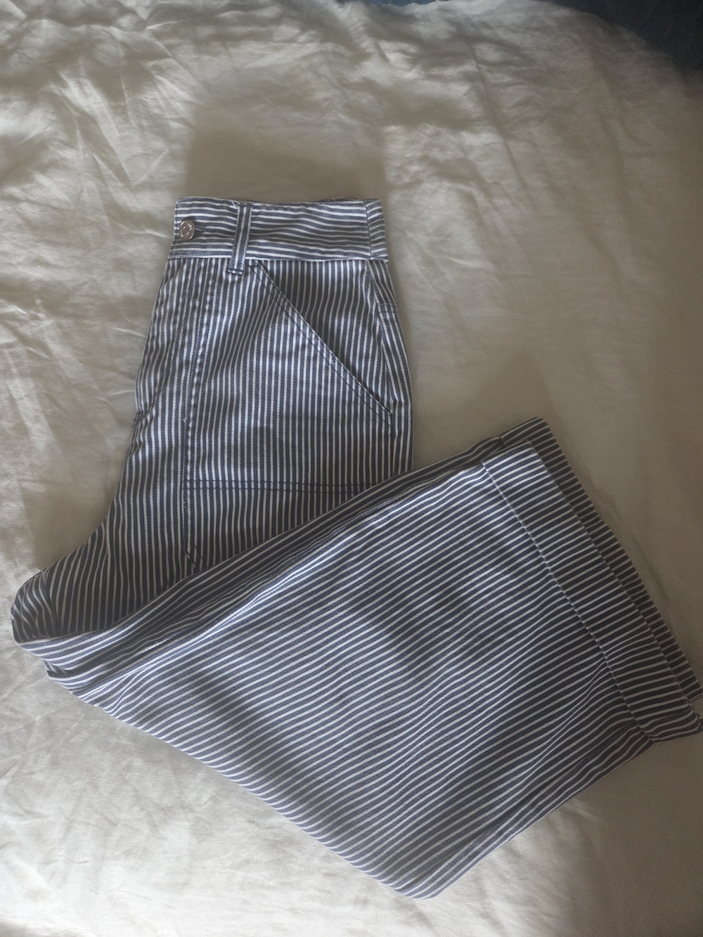 Simons Blue and White Striped Straight-Leg Cropped Jeans